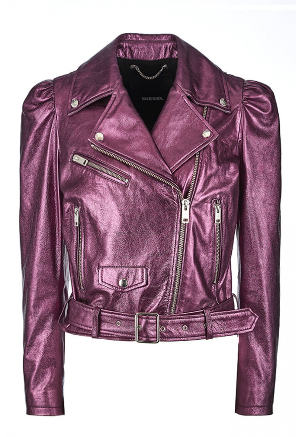 Фиолетовая кожаная куртка косуха