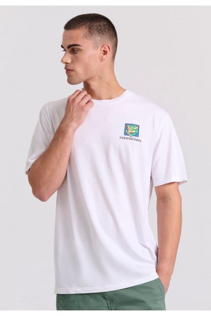 Біла футболка вільного крою з ретро- принтом на спині