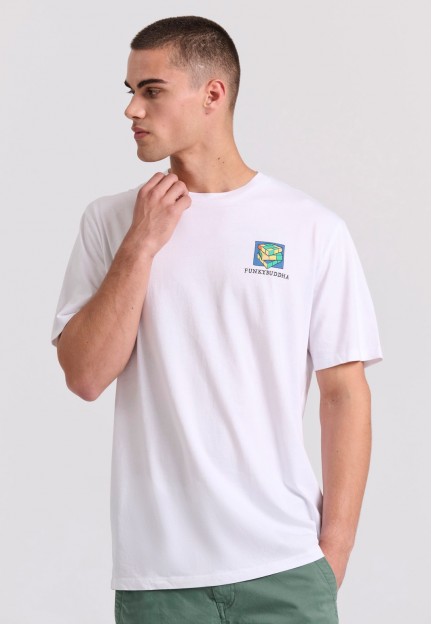 Біла футболка вільного крою з ретро- принтом на спині